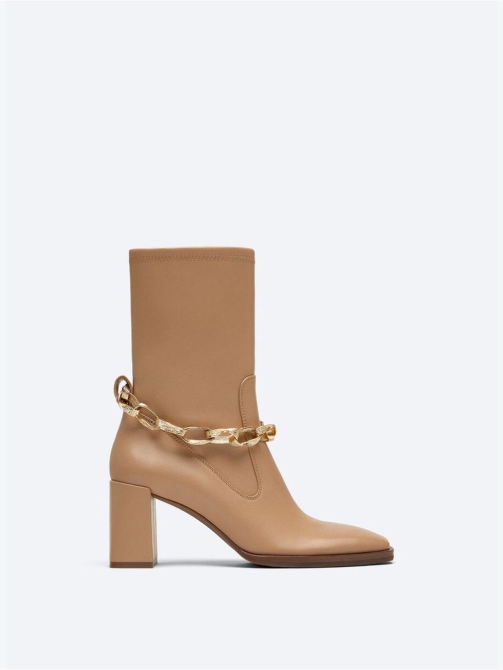 Uterqüe Tan Block Heel Boots with Gold Chain